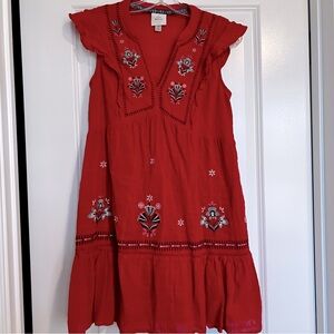 Red embroidered ruffle dress